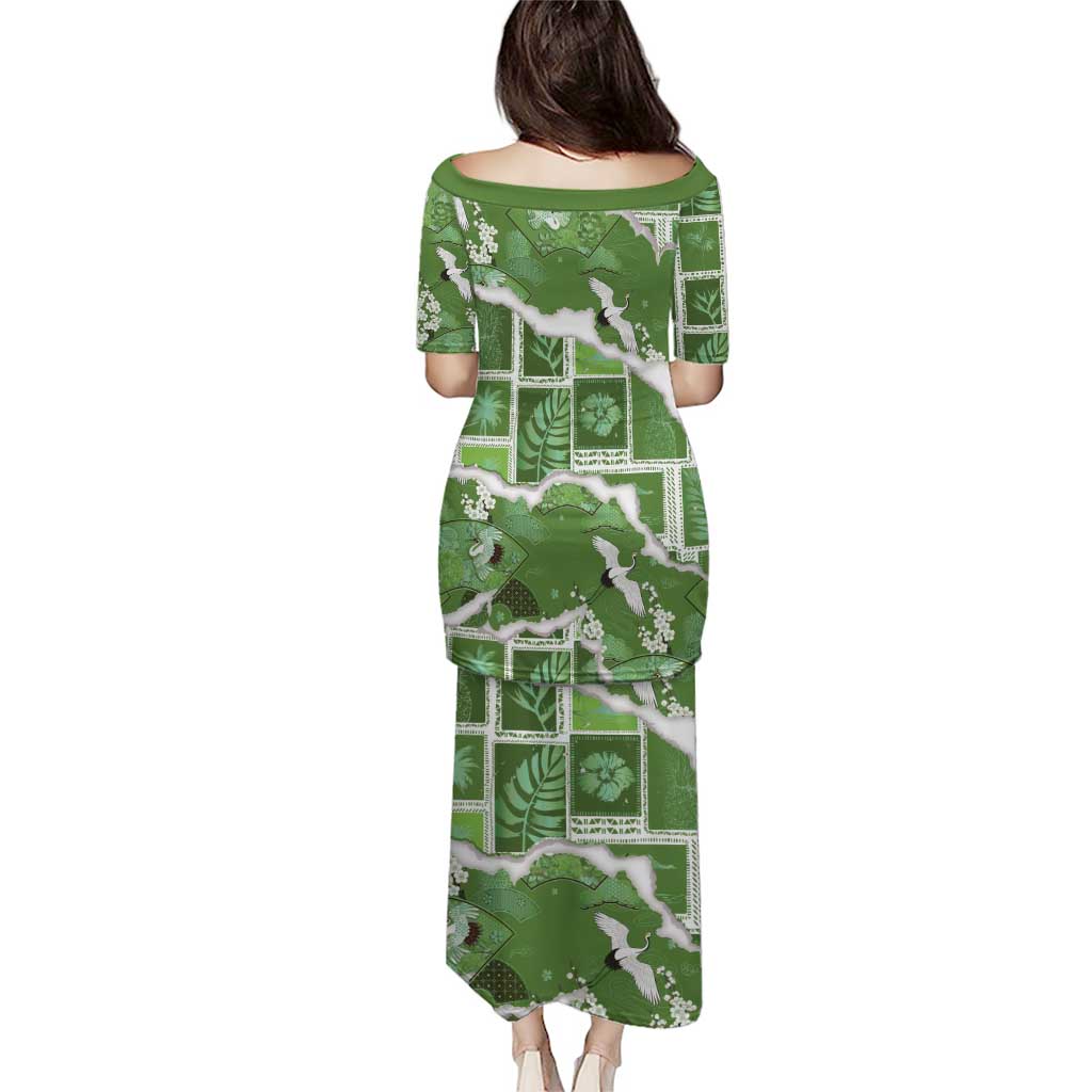Hawaii Japanese Culture Sage Green Puletasi Spring Cranes Aloha Pattern