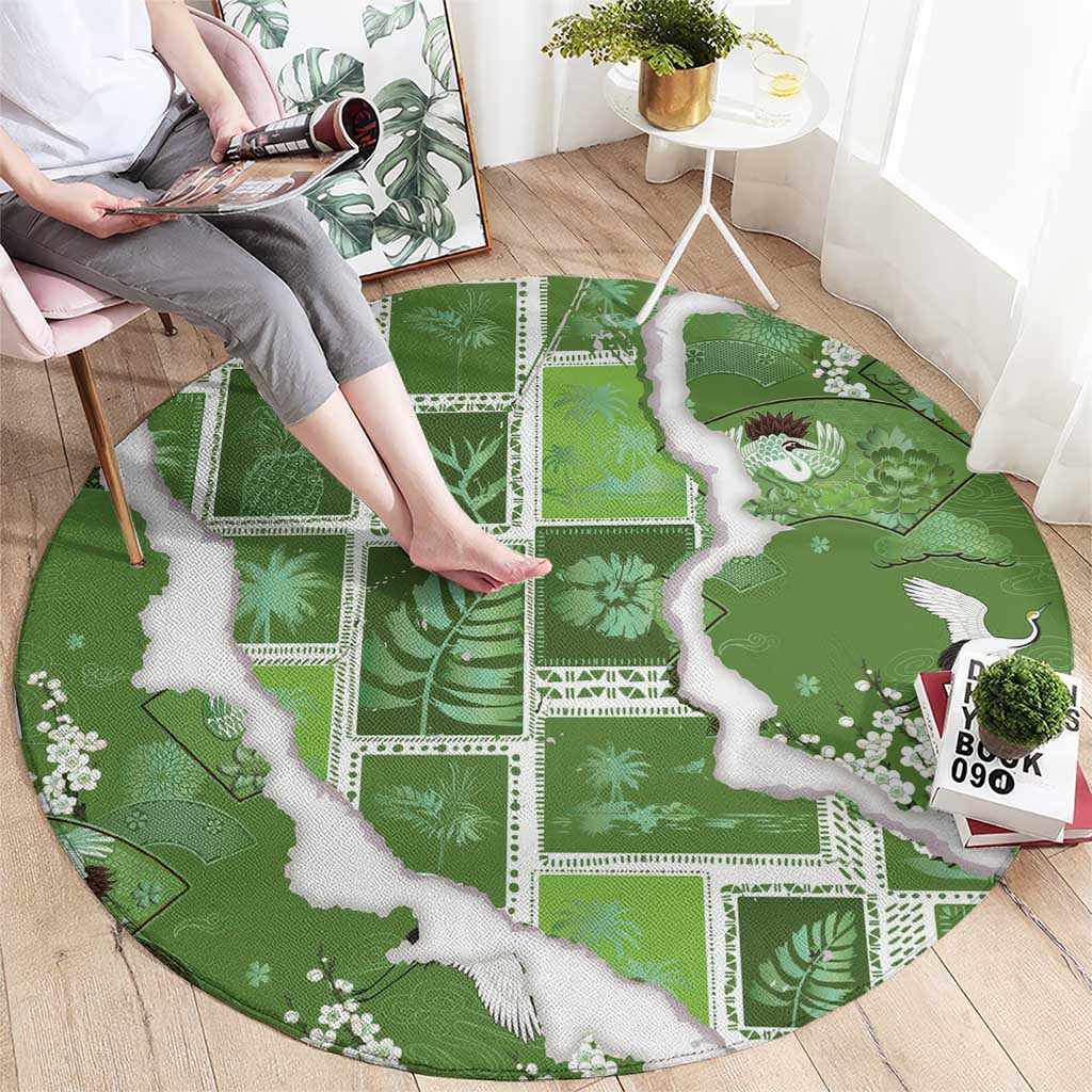 Hawaii Japanese Culture Sage Green Round Carpet Spring Cranes Aloha Pattern