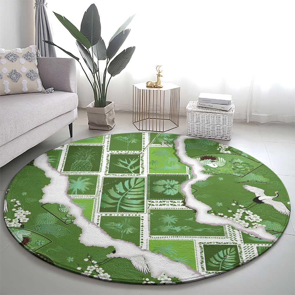Hawaii Japanese Culture Sage Green Round Carpet Spring Cranes Aloha Pattern