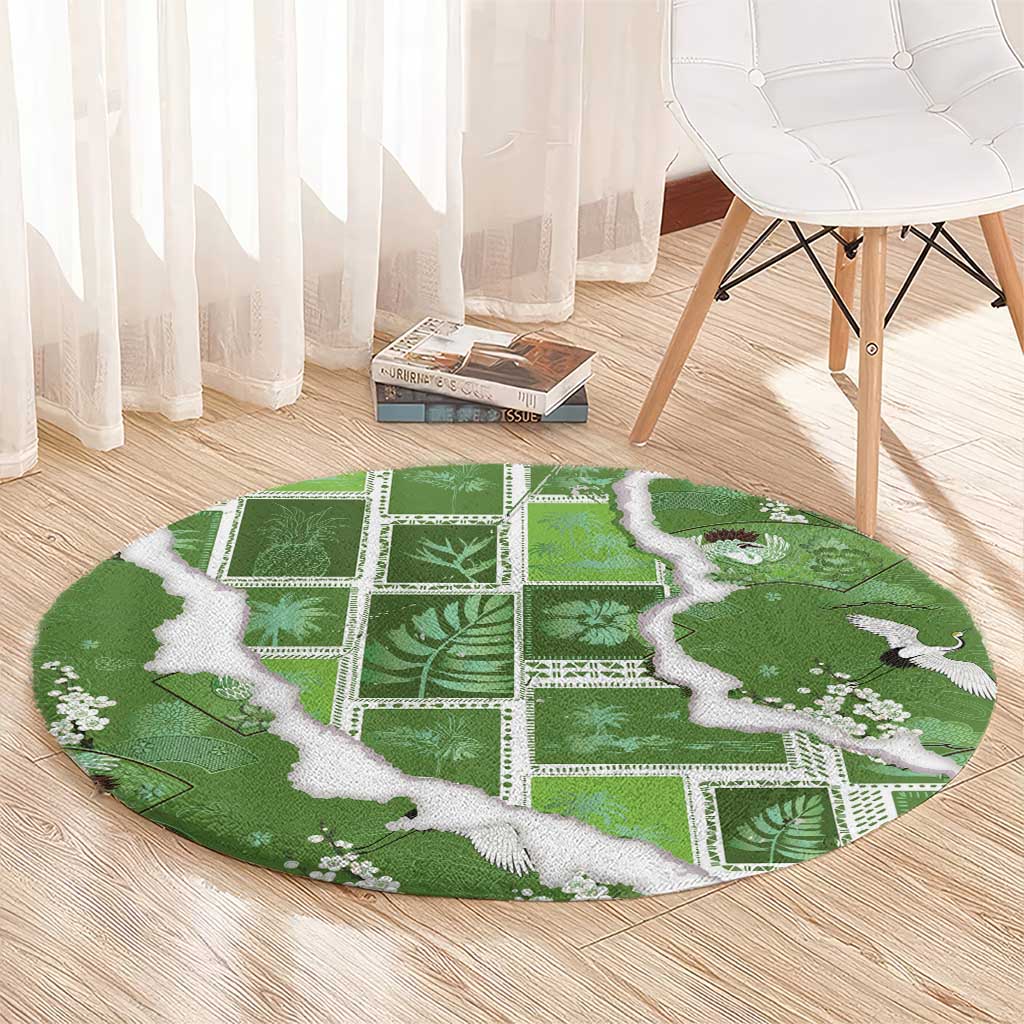 Hawaii Japanese Culture Sage Green Round Carpet Spring Cranes Aloha Pattern