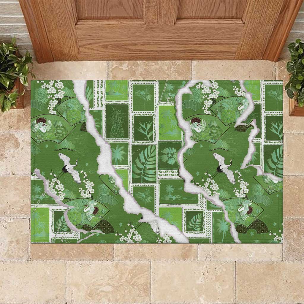 Hawaii Japanese Culture Sage Green Rubber Doormat Spring Cranes Aloha Pattern