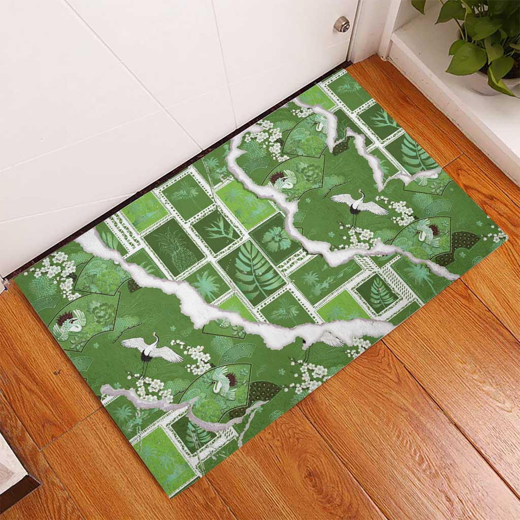 Hawaii Japanese Culture Sage Green Rubber Doormat Spring Cranes Aloha Pattern