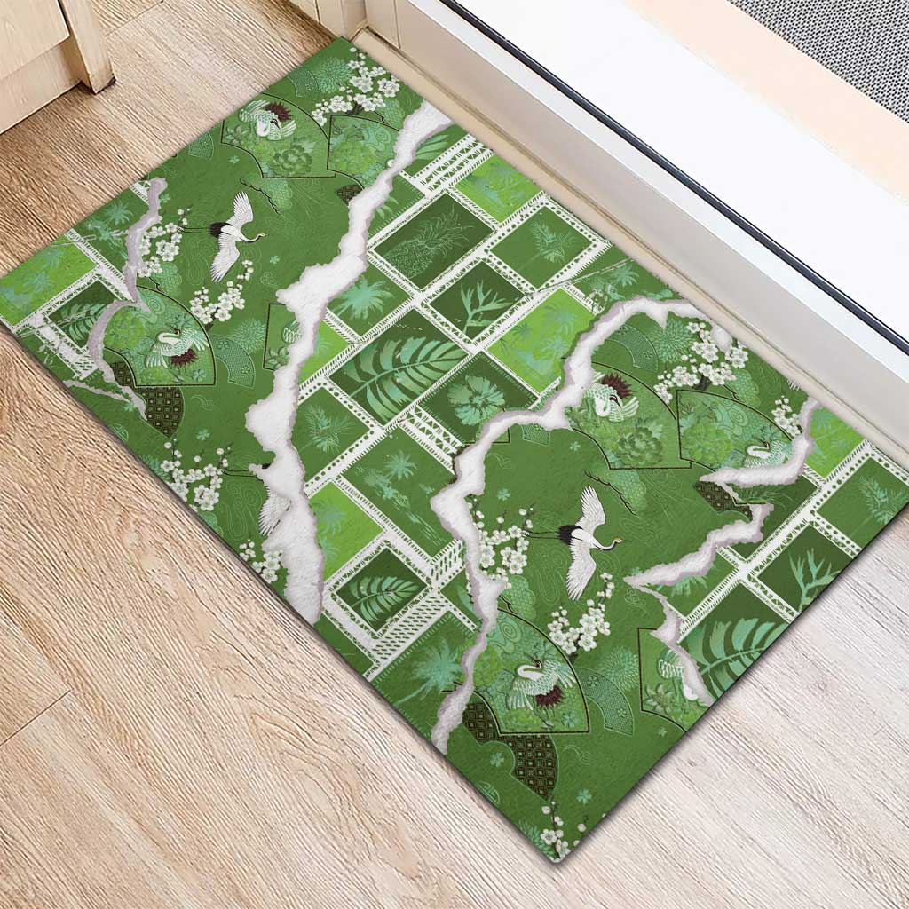 Hawaii Japanese Culture Sage Green Rubber Doormat Spring Cranes Aloha Pattern