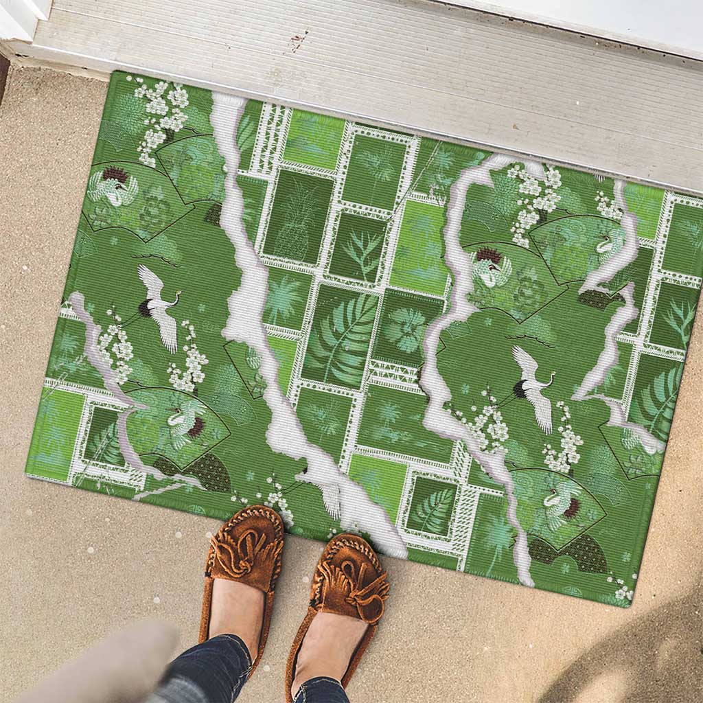 Hawaii Japanese Culture Sage Green Rubber Doormat Spring Cranes Aloha Pattern