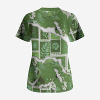 Hawaii Japanese Culture Sage Green Scrub Top Spring Cranes Aloha Pattern