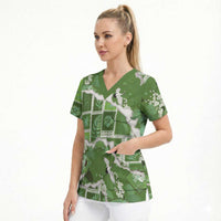 Hawaii Japanese Culture Sage Green Scrub Top Spring Cranes Aloha Pattern