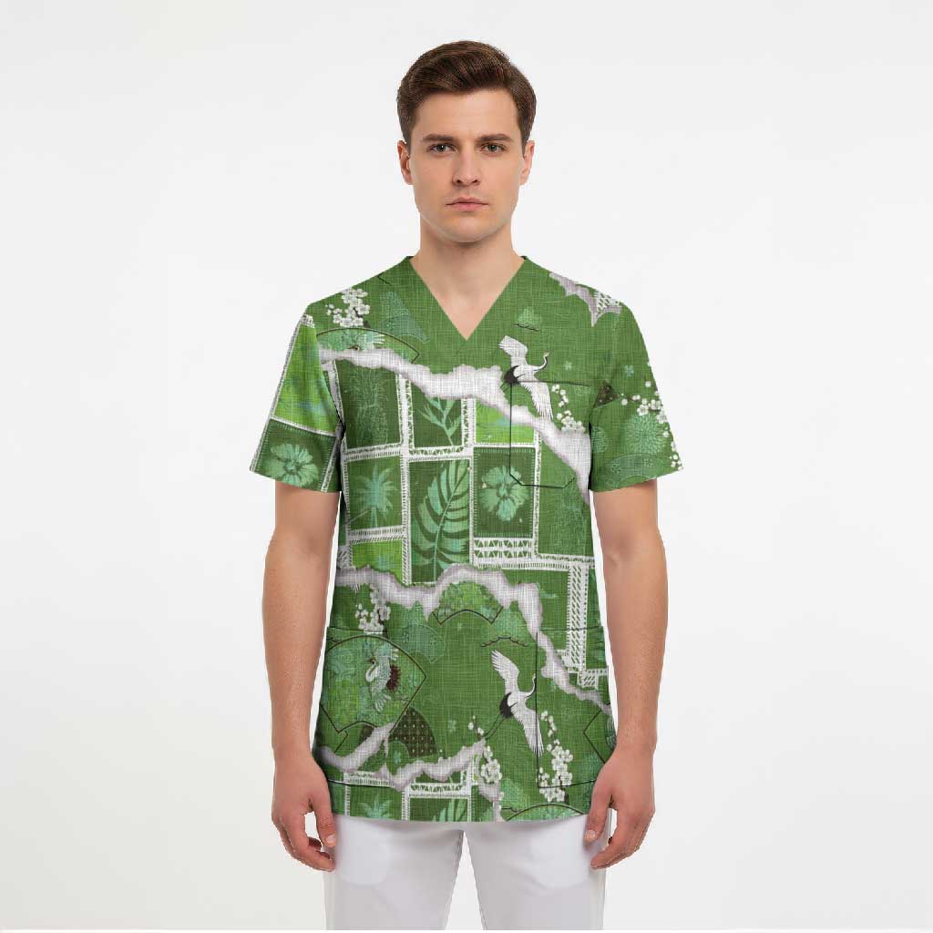 Hawaii Japanese Culture Sage Green Scrub Top Spring Cranes Aloha Pattern