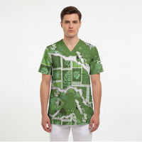 Hawaii Japanese Culture Sage Green Scrub Top Spring Cranes Aloha Pattern