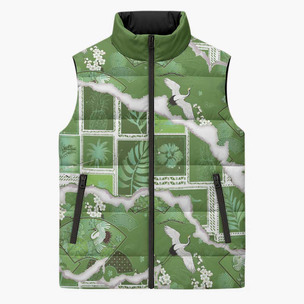Hawaii Japanese Culture Sage Green Sleeveless Puffer Jacket Spring Cranes Aloha Pattern