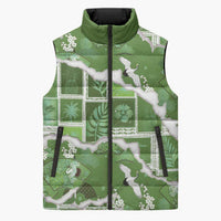 Hawaii Japanese Culture Sage Green Sleeveless Puffer Jacket Spring Cranes Aloha Pattern