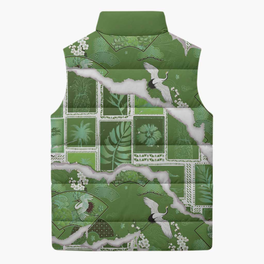 Hawaii Japanese Culture Sage Green Sleeveless Puffer Jacket Spring Cranes Aloha Pattern