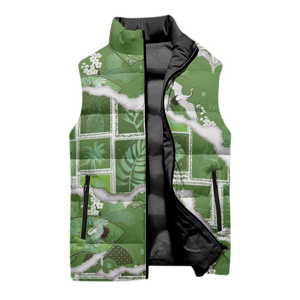 Hawaii Japanese Culture Sage Green Sleeveless Puffer Jacket Spring Cranes Aloha Pattern