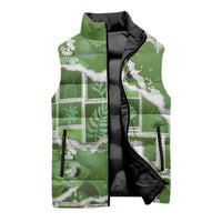 Hawaii Japanese Culture Sage Green Sleeveless Puffer Jacket Spring Cranes Aloha Pattern