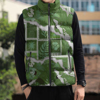 Hawaii Japanese Culture Sage Green Sleeveless Puffer Jacket Spring Cranes Aloha Pattern
