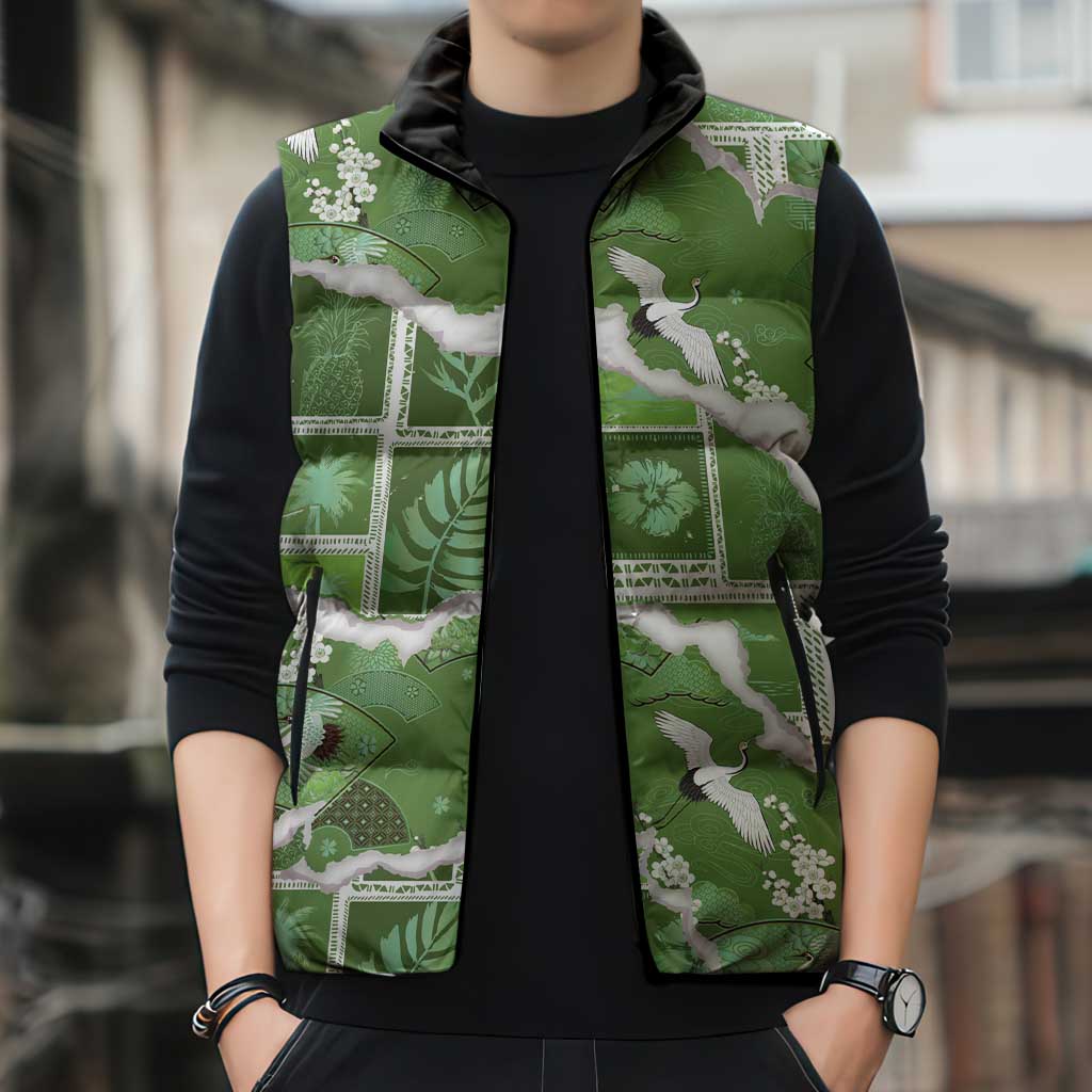 Hawaii Japanese Culture Sage Green Sleeveless Puffer Jacket Spring Cranes Aloha Pattern
