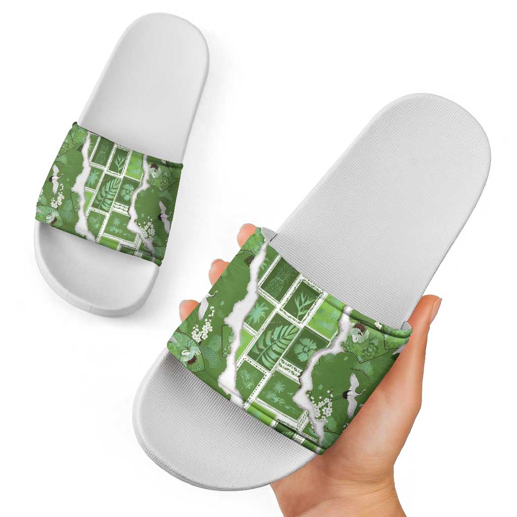 Hawaii Japanese Culture Sage Green Slide Sandals Spring Cranes Aloha Pattern