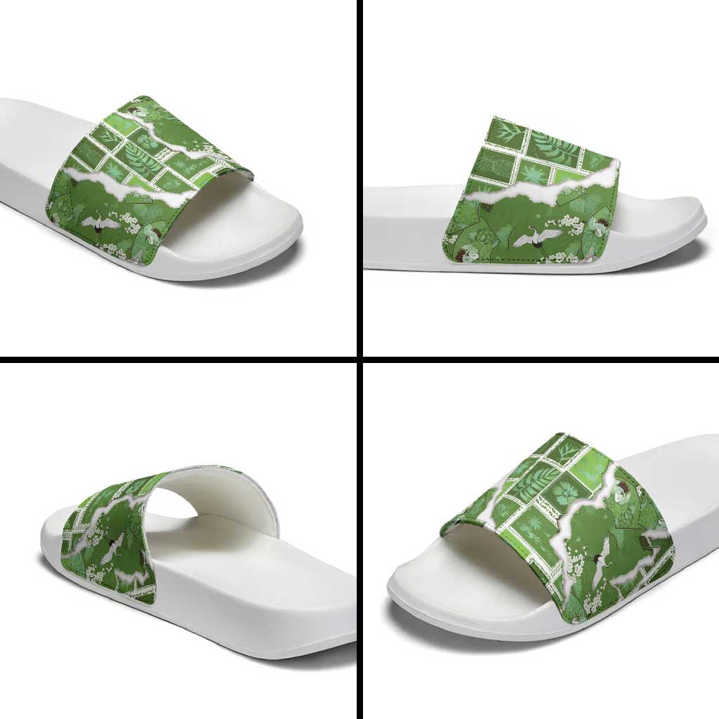 Hawaii Japanese Culture Sage Green Slide Sandals Spring Cranes Aloha Pattern
