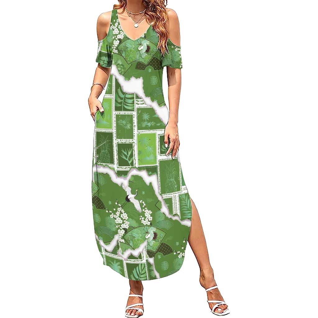 Hawaii Japanese Culture Sage Green Summer Maxi Dress Spring Cranes Aloha Pattern LT01 Women Sage - Polynesian Pride