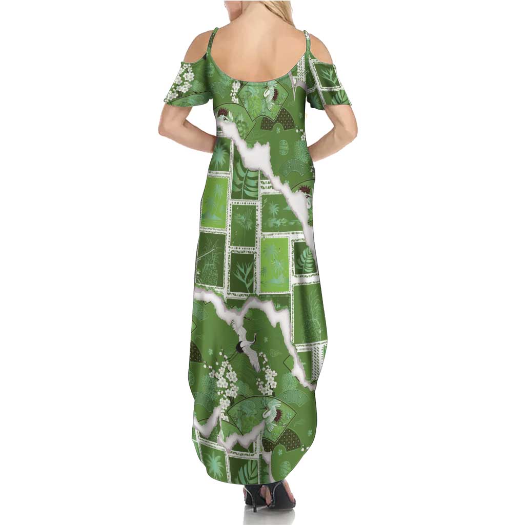 Hawaii Japanese Culture Sage Green Summer Maxi Dress Spring Cranes Aloha Pattern LT01 - Polynesian Pride