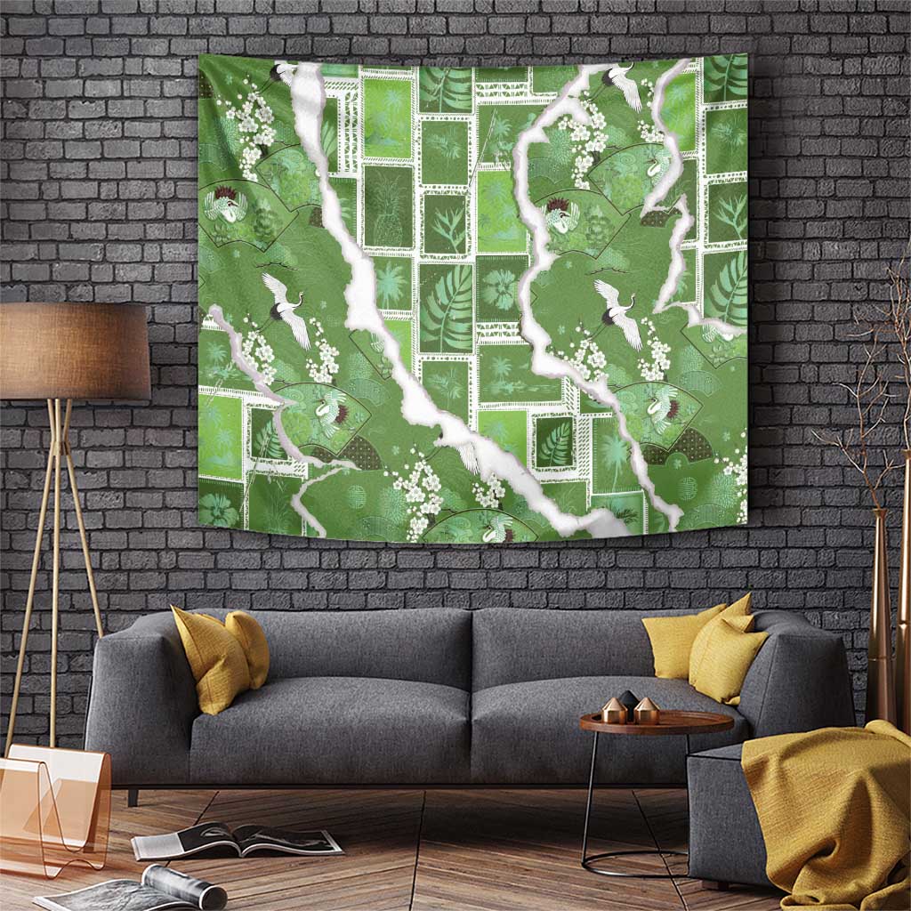 Hawaii Japanese Culture Sage Green Tapestry Spring Cranes Aloha Pattern