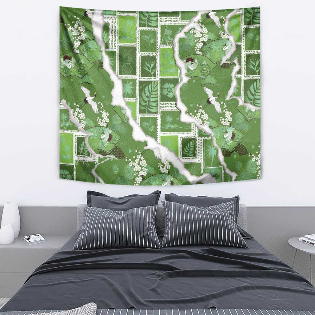 Hawaii Japanese Culture Sage Green Tapestry Spring Cranes Aloha Pattern