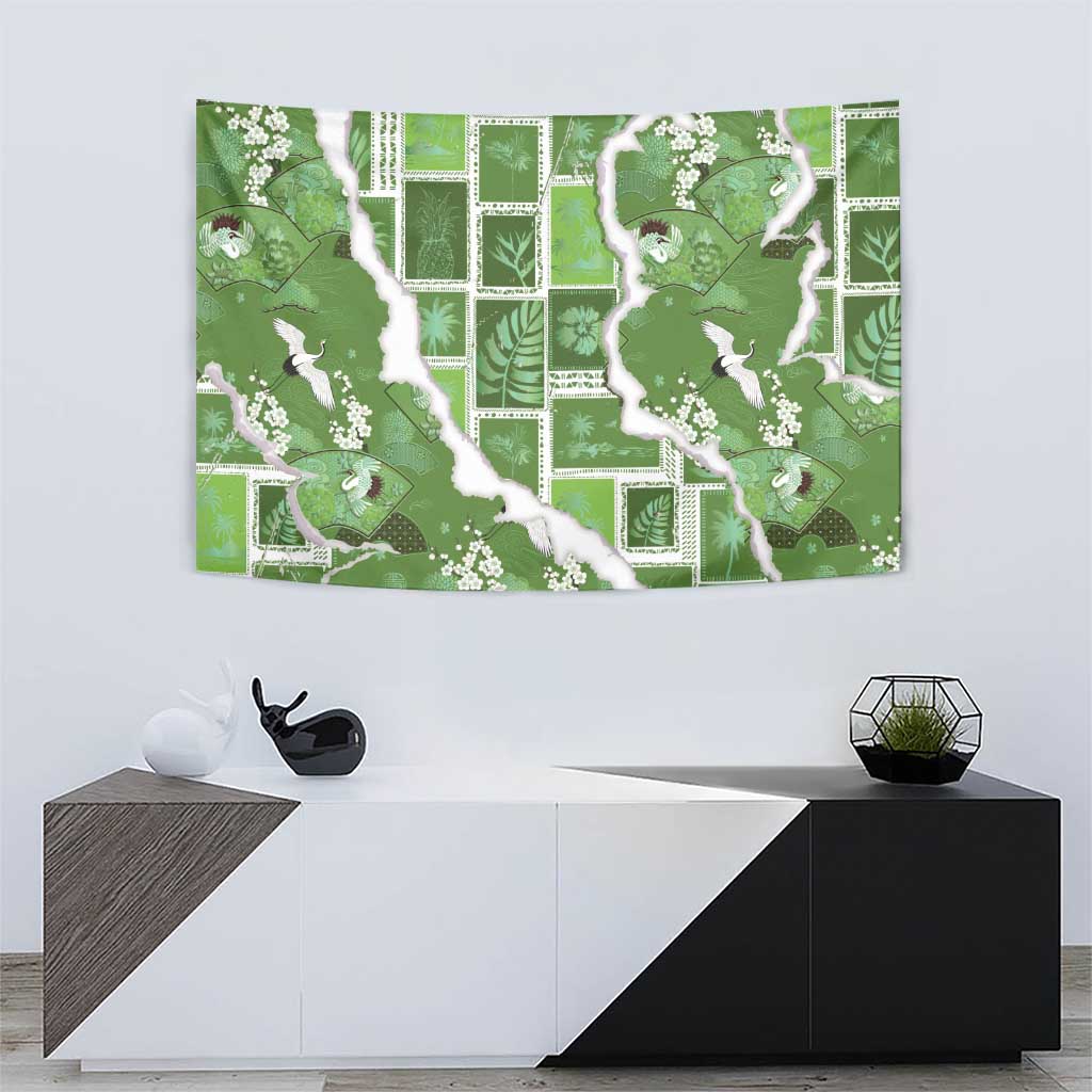 Hawaii Japanese Culture Sage Green Tapestry Spring Cranes Aloha Pattern