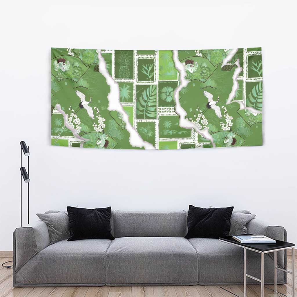 Hawaii Japanese Culture Sage Green Tapestry Spring Cranes Aloha Pattern