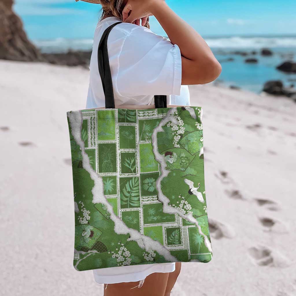 Hawaii Japanese Culture Sage Green Tote Bag Spring Cranes Aloha Pattern