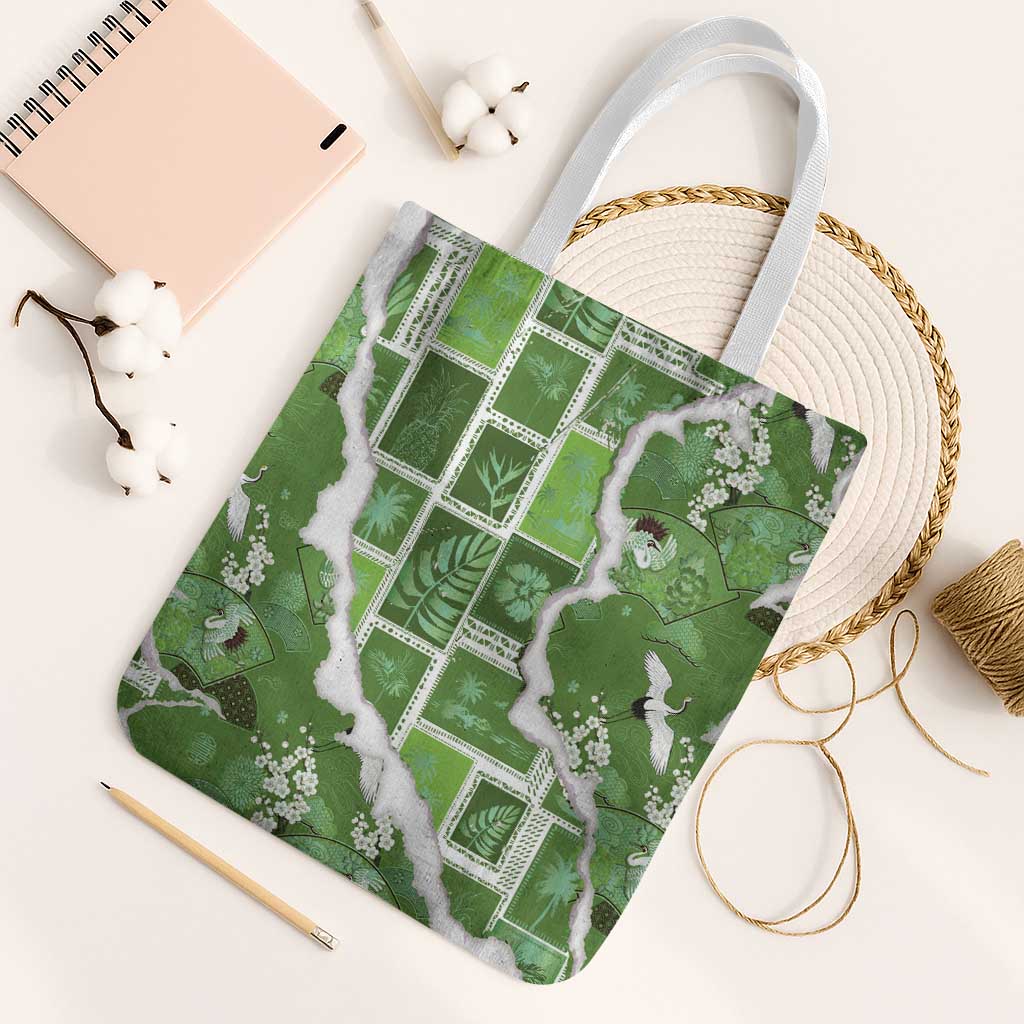 Hawaii Japanese Culture Sage Green Tote Bag Spring Cranes Aloha Pattern