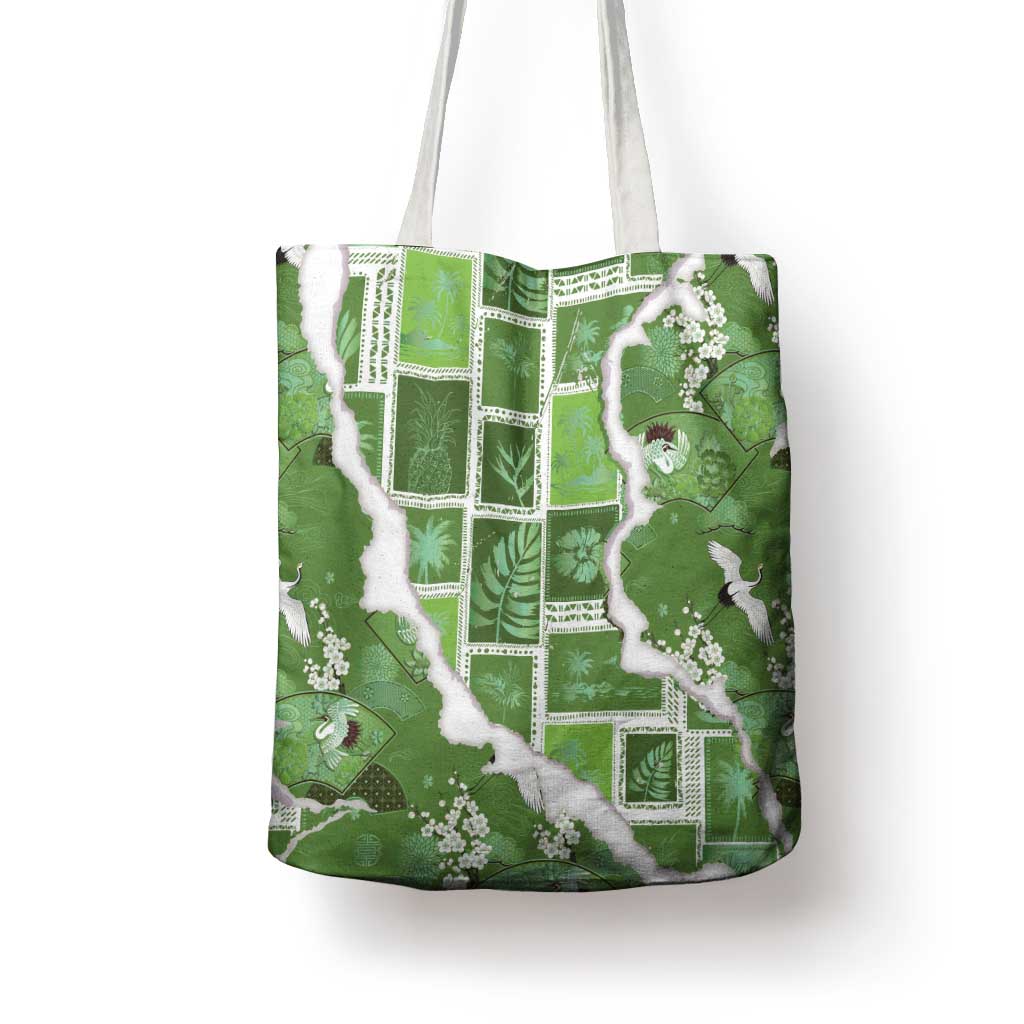 Hawaii Japanese Culture Sage Green Tote Bag Spring Cranes Aloha Pattern