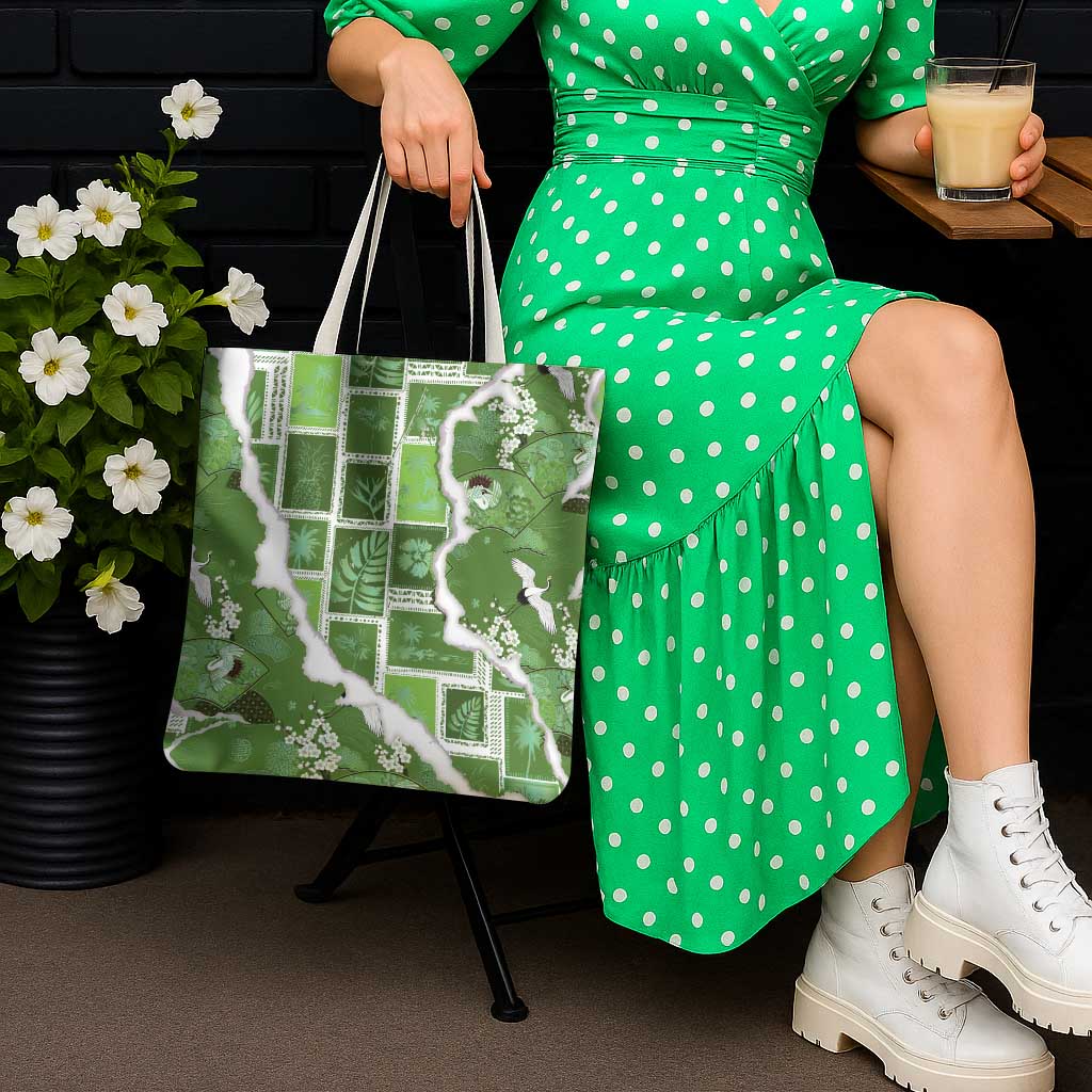 Hawaii Japanese Culture Sage Green Tote Bag Spring Cranes Aloha Pattern