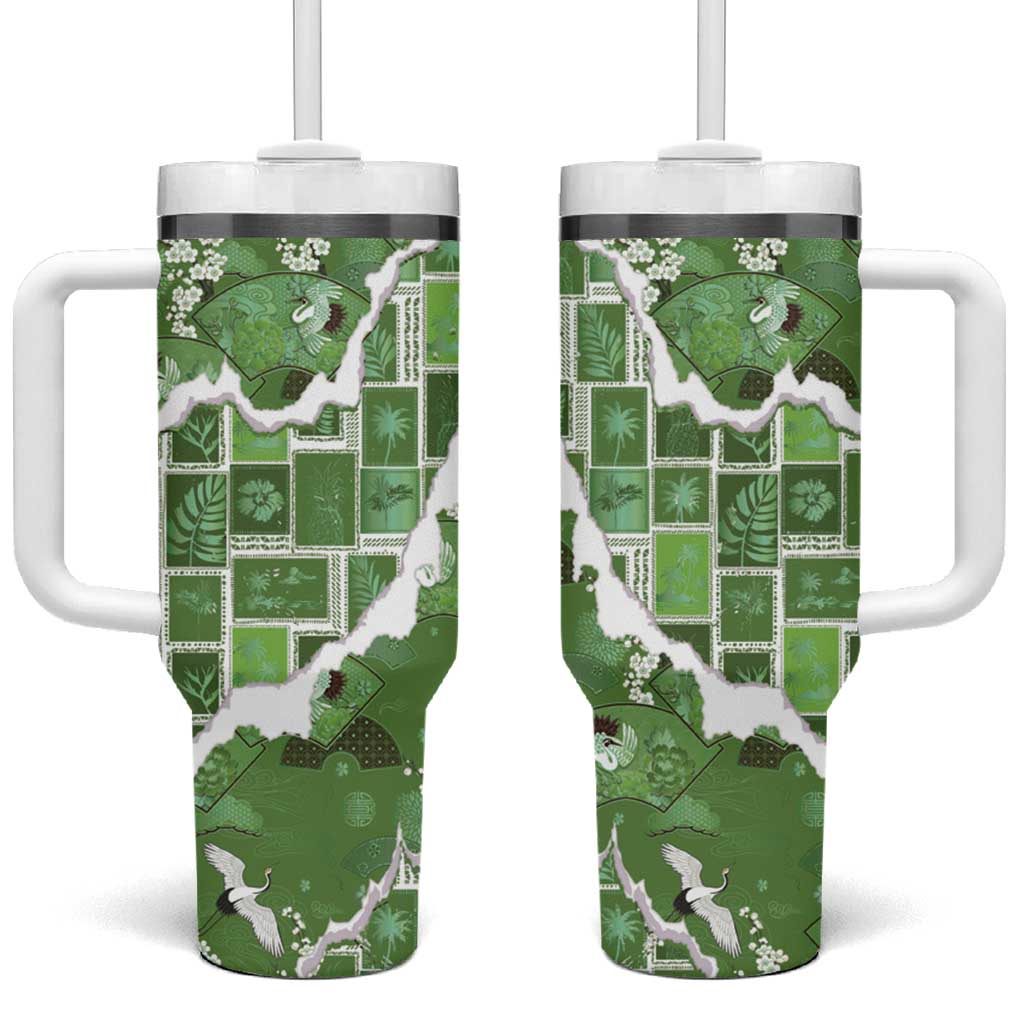 Hawaii Japanese Culture Sage Green Tumbler With Handle Spring Cranes Aloha Pattern LT01 One Size: 40 oz Sage - Polynesian Pride