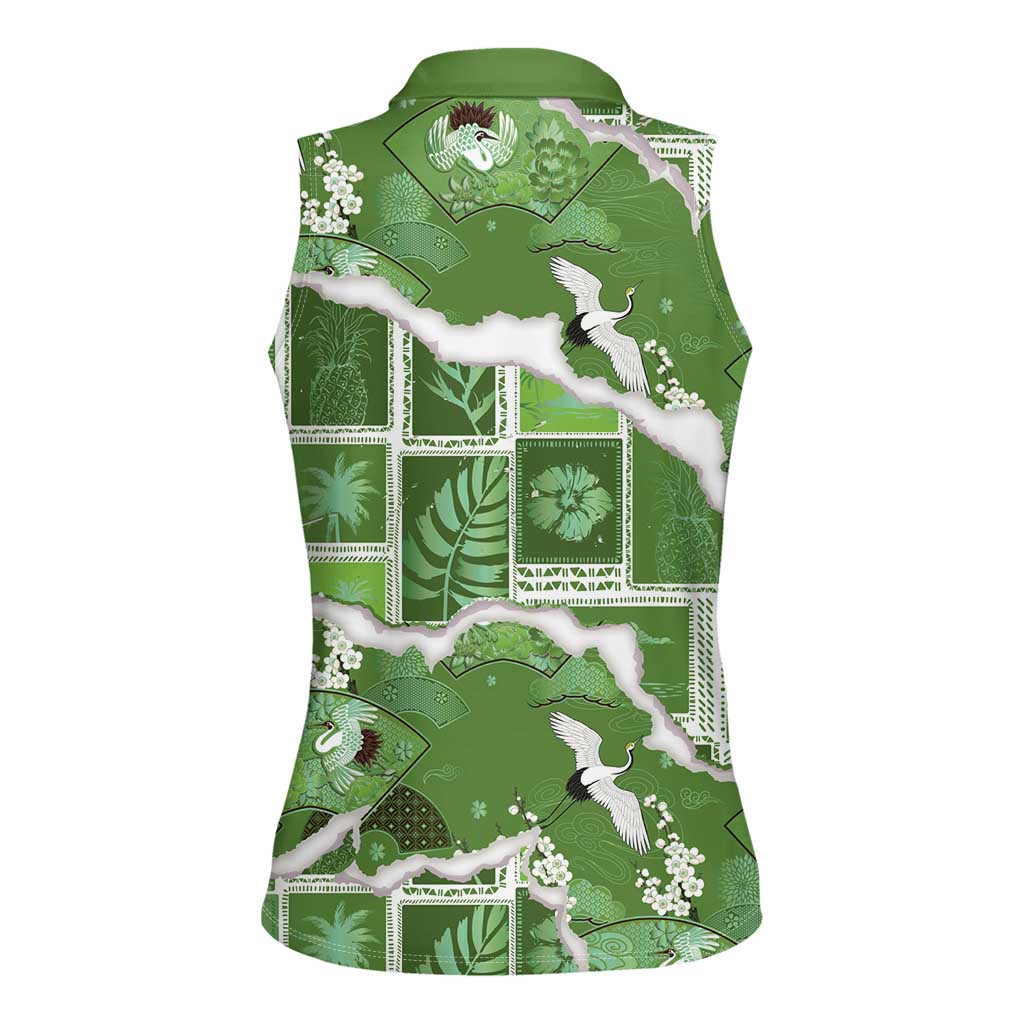 Hawaii Japanese Culture Sage Green Women Sleeveless Polo Shirt Spring Cranes Aloha Pattern LT01 - Polynesian Pride