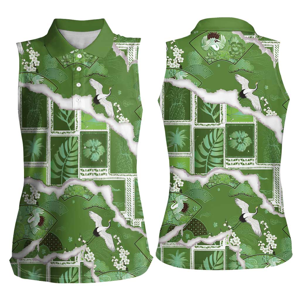 Hawaii Japanese Culture Sage Green Women Sleeveless Polo Shirt Spring Cranes Aloha Pattern LT01 - Polynesian Pride