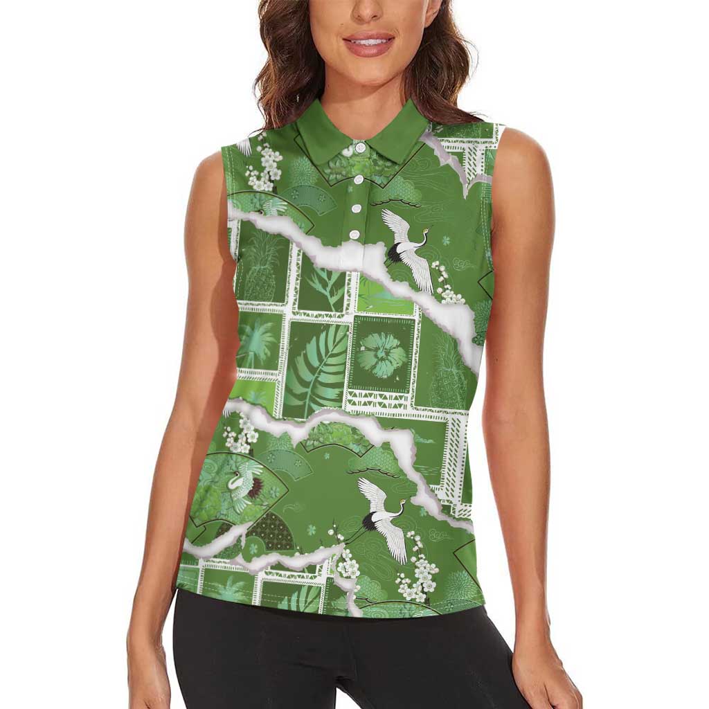 Hawaii Japanese Culture Sage Green Women Sleeveless Polo Shirt Spring Cranes Aloha Pattern LT01 - Polynesian Pride