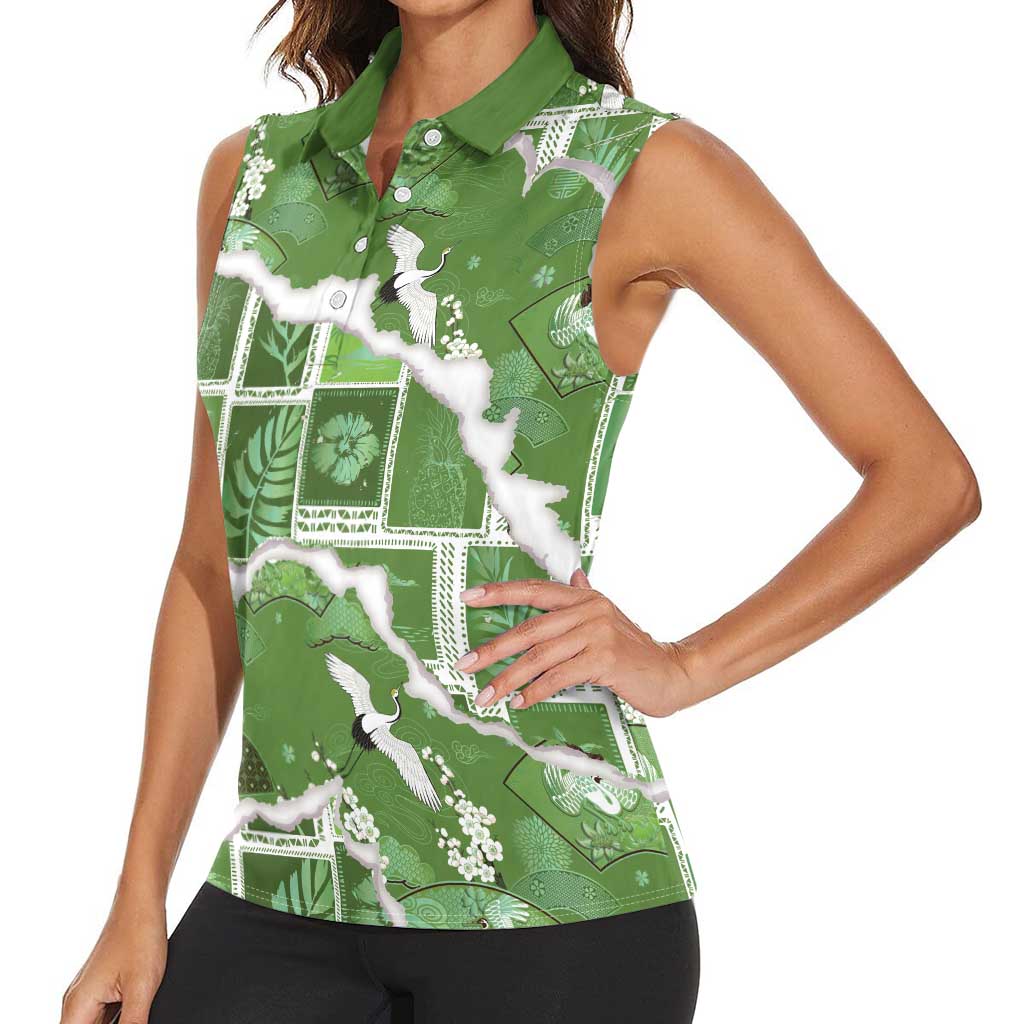 Hawaii Japanese Culture Sage Green Women Sleeveless Polo Shirt Spring Cranes Aloha Pattern LT01 - Polynesian Pride