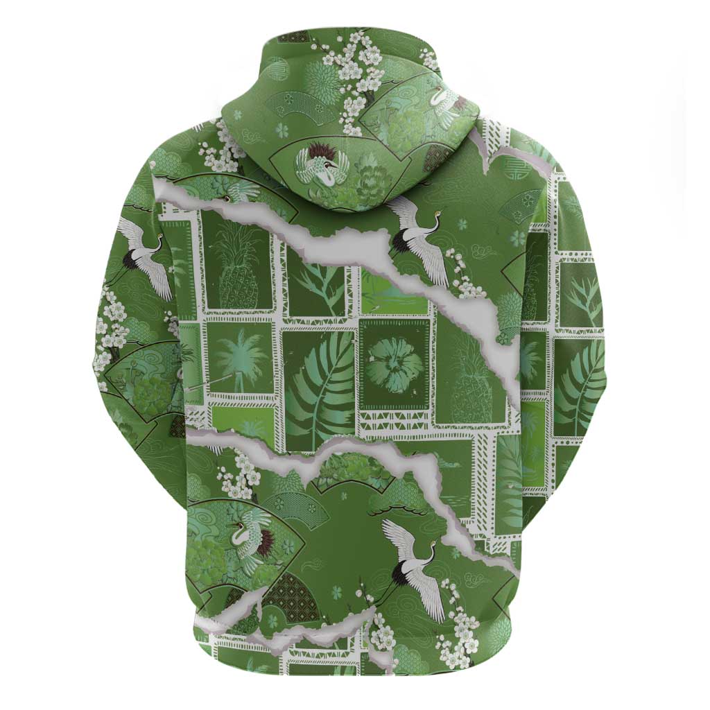Hawaii Japanese Culture Sage Green Zip Hoodie Spring Cranes Aloha Pattern