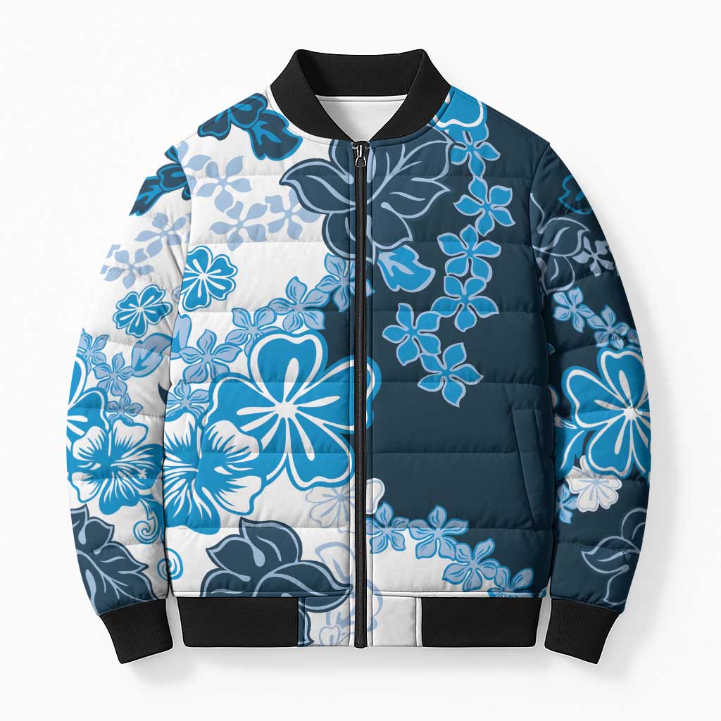 Blue Hibiscus Plumeria Floral Bomber Puffer Jacket LT01 Blue - Polynesian Pride