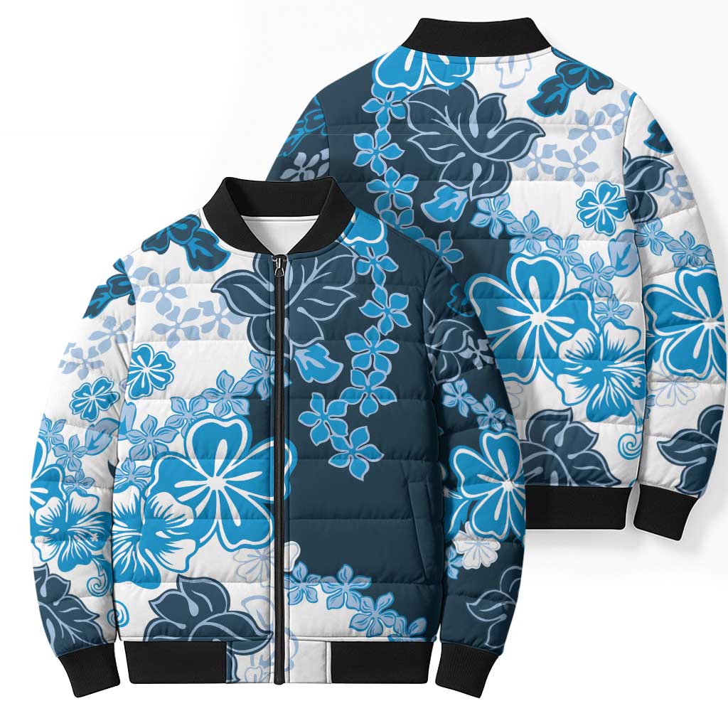 Blue Hibiscus Plumeria Floral Bomber Puffer Jacket LT01 - Polynesian Pride