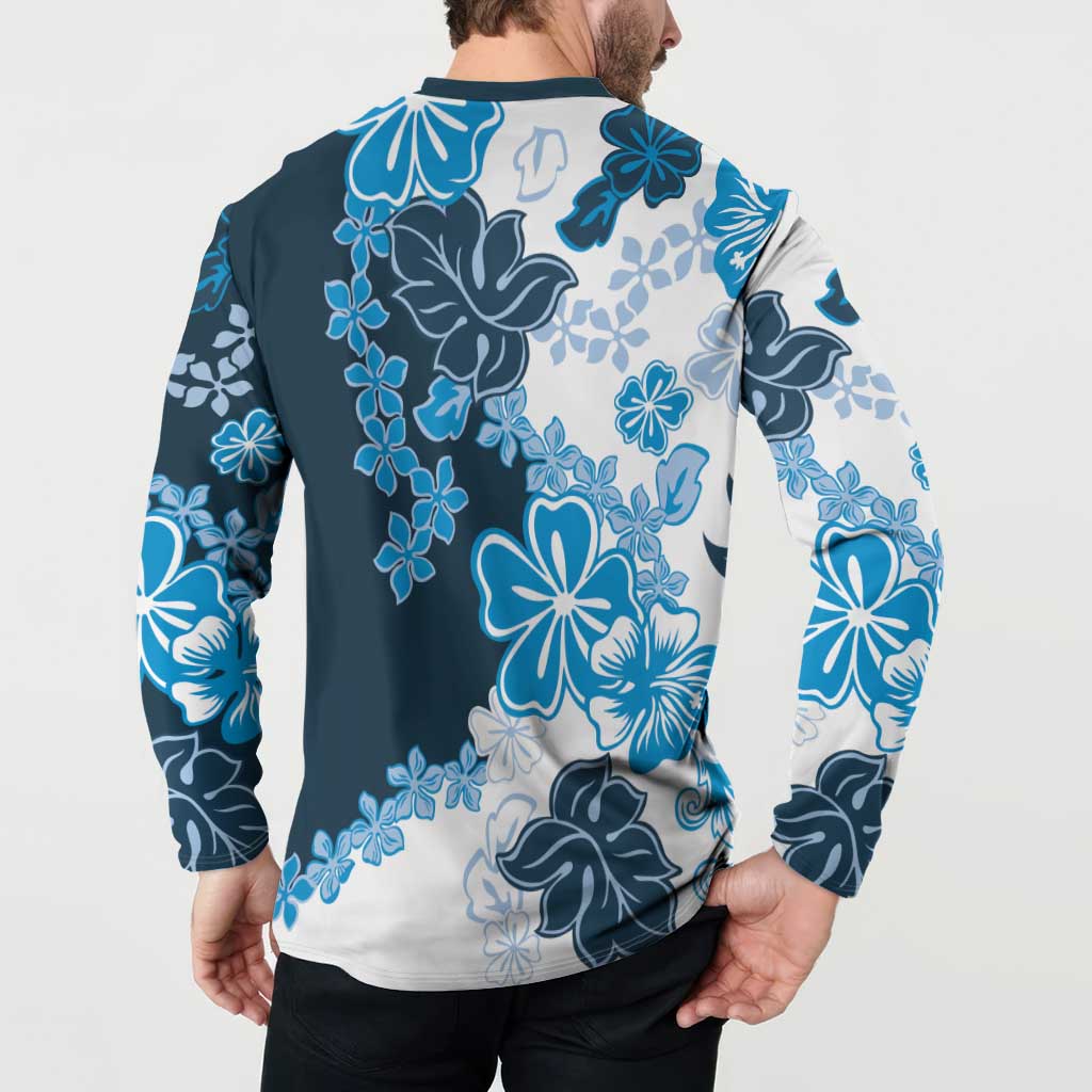 Blue Hibiscus Plumeria Floral Button Sweatshirt - Polynesian Pride