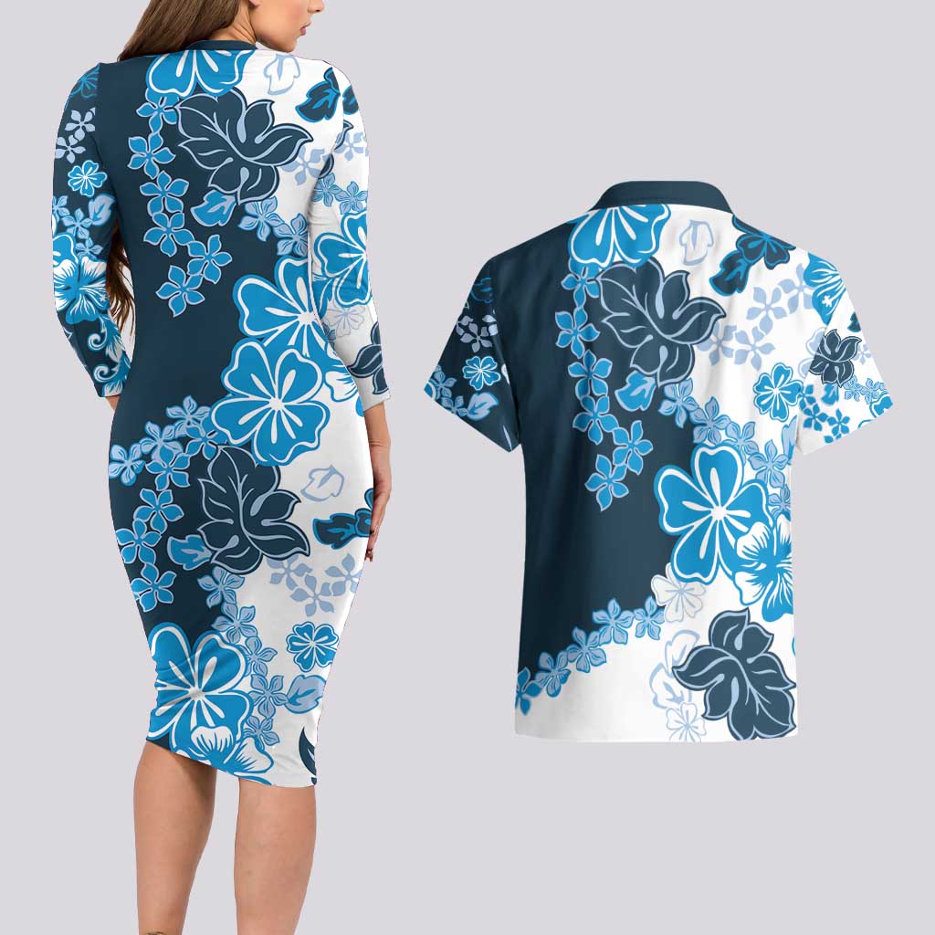 Blue Hibiscus Plumeria Floral Couples Matching Long Sleeve Bodycon Dress and Hawaiian Shirt LT01 - Polynesian Pride