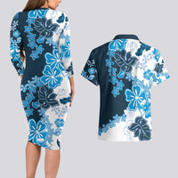 Blue Hibiscus Plumeria Floral Couples Matching Long Sleeve Bodycon Dress and Hawaiian Shirt LT01 - Polynesian Pride