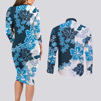Blue Hibiscus Plumeria Floral Couples Matching Long Sleeve Bodycon Dress and Long Sleeve Button Shirt LT01 - Polynesian Pride