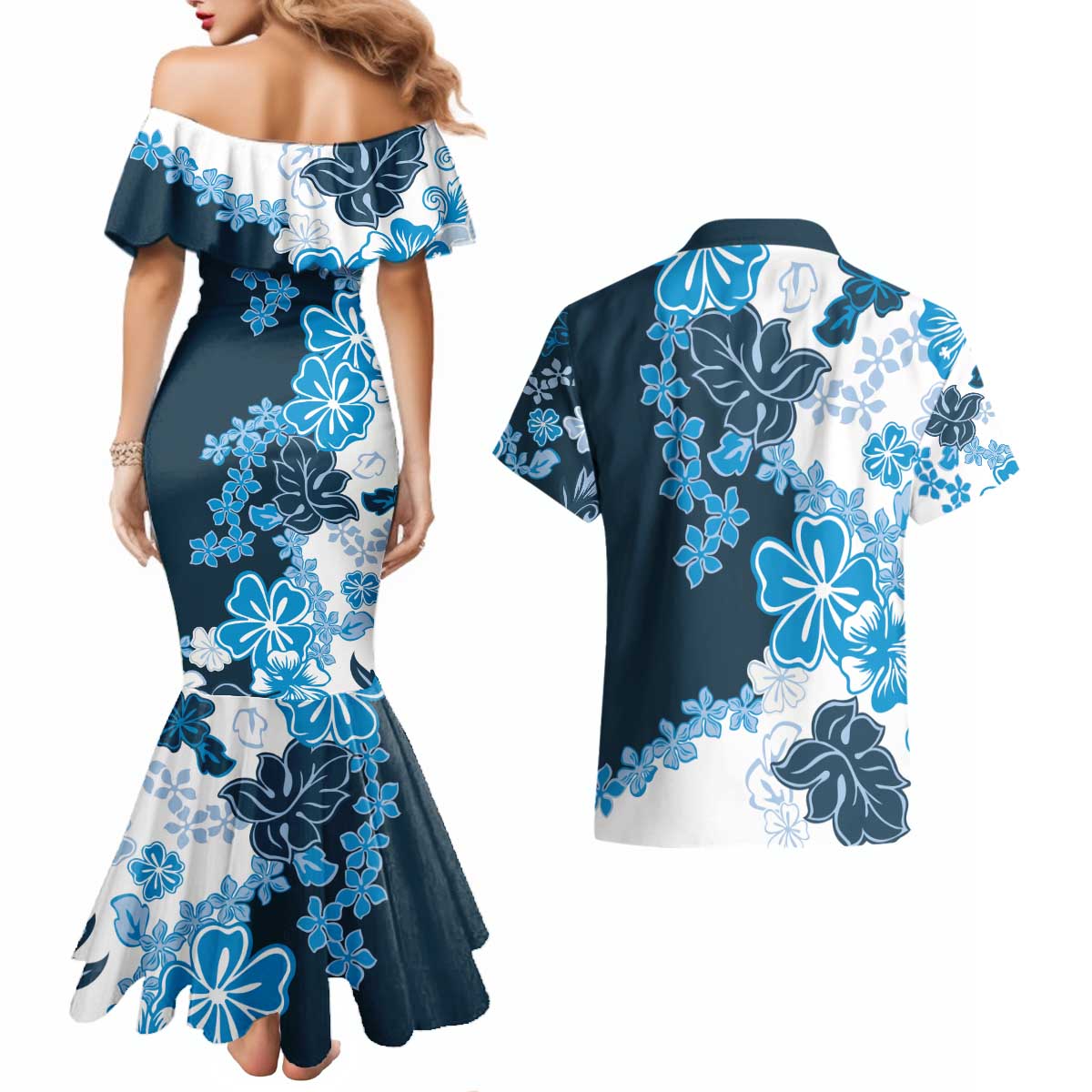 Blue Hibiscus Plumeria Floral Couples Matching Mermaid Dress and Hawaiian Shirt LT01 - Polynesian Pride
