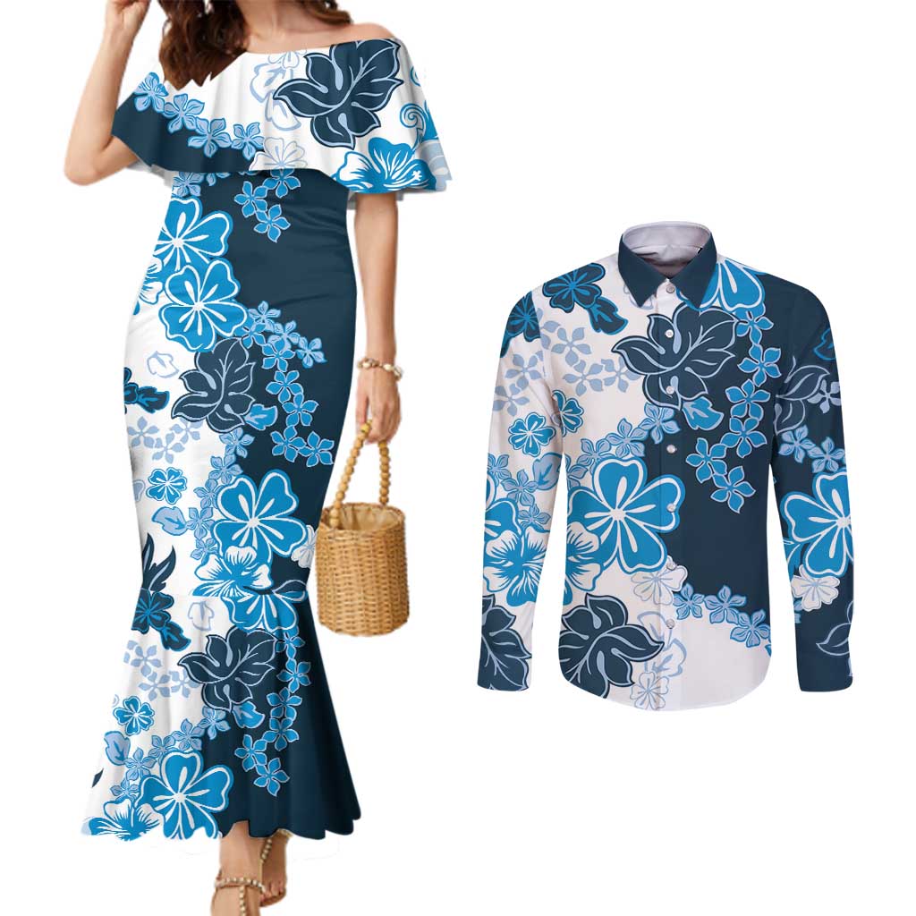 Blue Hibiscus Plumeria Floral Couples Matching Mermaid Dress and Long Sleeve Button Shirt LT01 Blue - Polynesian Pride