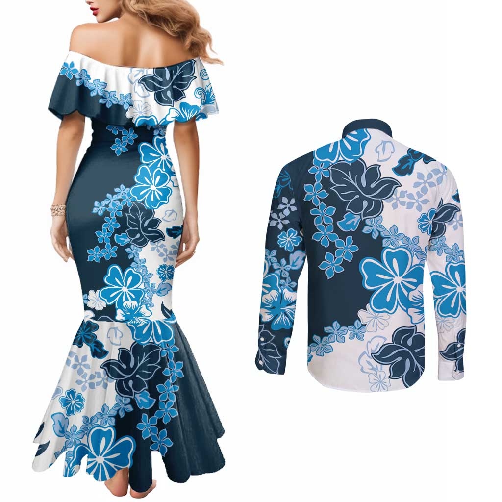 Blue Hibiscus Plumeria Floral Couples Matching Mermaid Dress and Long Sleeve Button Shirt LT01 - Polynesian Pride