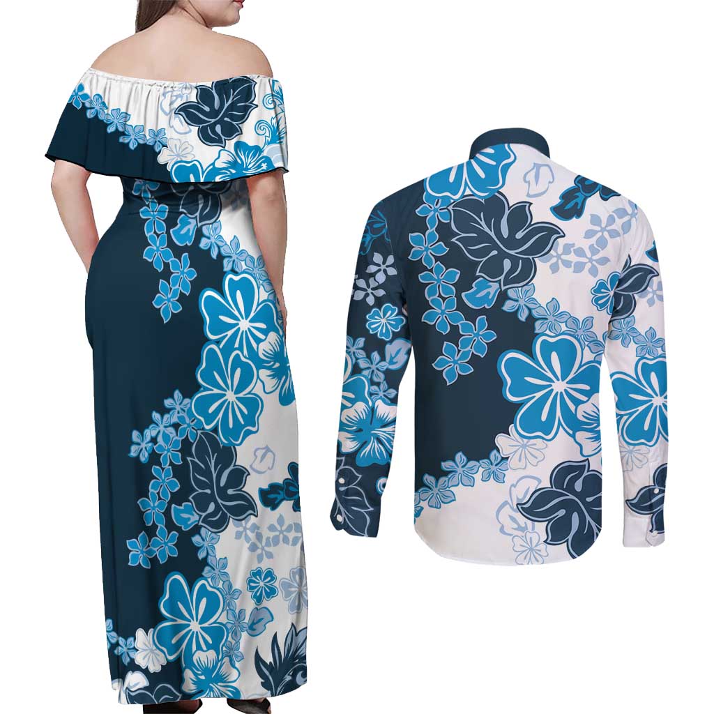 Blue Hibiscus Plumeria Floral Couples Matching Off Shoulder Maxi Dress and Long Sleeve Button Shirt - Polynesian Pride