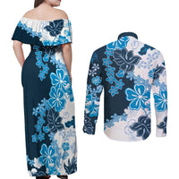 Blue Hibiscus Plumeria Floral Couples Matching Off Shoulder Maxi Dress and Long Sleeve Button Shirt - Polynesian Pride