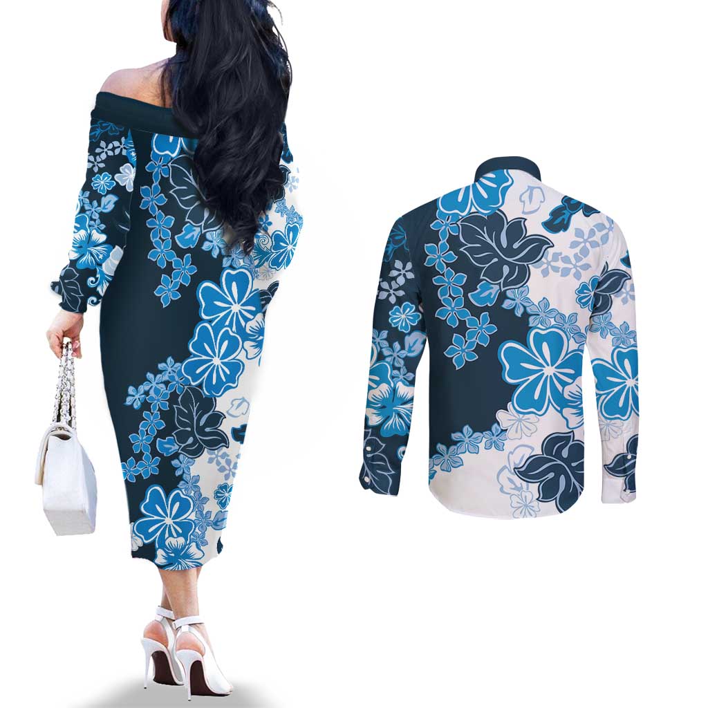 Blue Hibiscus Plumeria Floral Couples Matching Off The Shoulder Long Sleeve Dress and Long Sleeve Button Shirt LT01 - Polynesian Pride