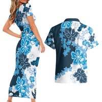 Blue Hibiscus Plumeria Floral Couples Matching Short Sleeve Bodycon Dress and Hawaiian Shirt LT01 - Polynesian Pride